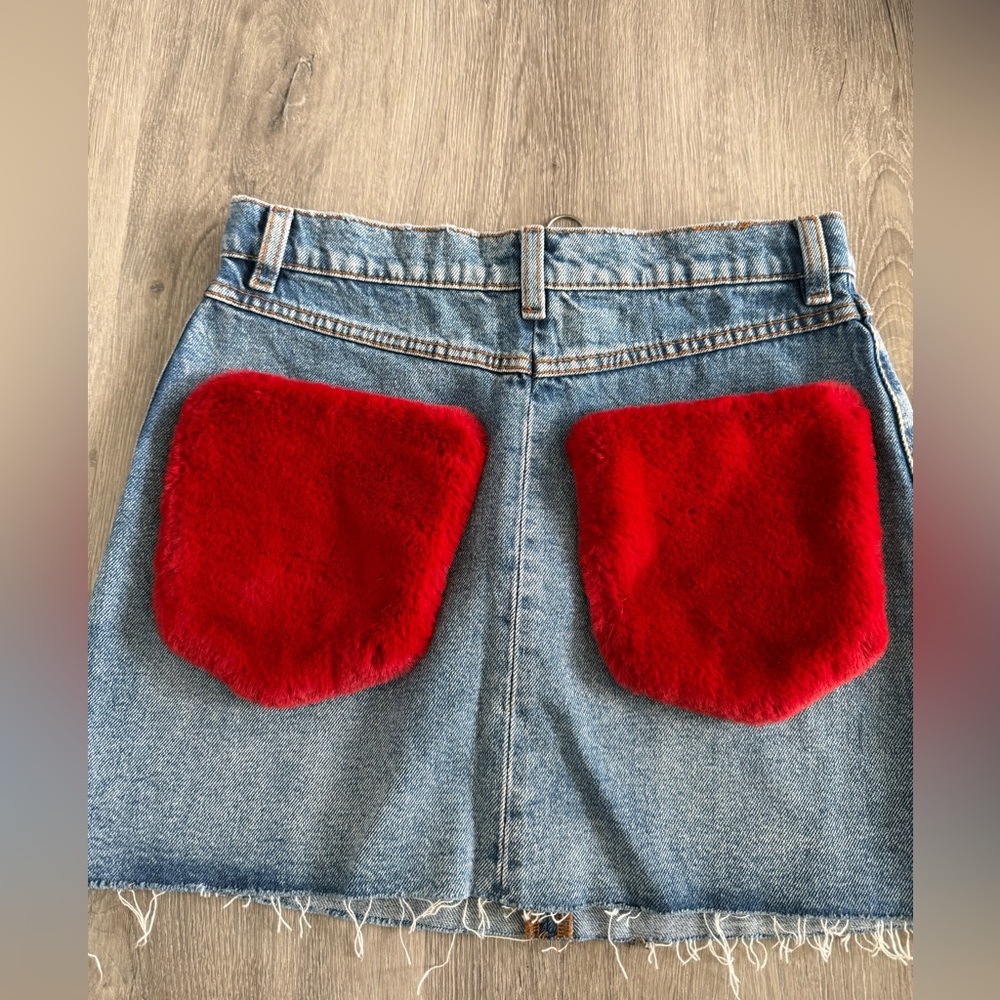 Zara Denim Mini Skirt with Red Faux Fur Back Pockets